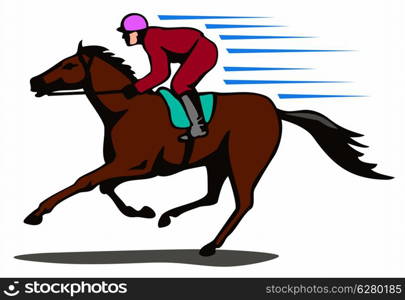 Illustration of a horse and jockey racing viewed from the side on isolated white background done in retro style.