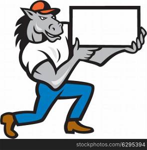 Illustration of a horse kneeling holding blank sheet board presenting set on isolated white background done in cartoon style. . Horse Kneeling Presenting Cartoon
