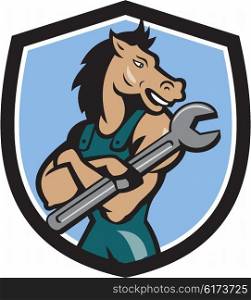 Illustration of a horse mechanic with arms crossed holding spanner looking to the side set inside shield crest on isolated background done in cartoon style. . Horse Mechanic Spanner Crest Cartoon