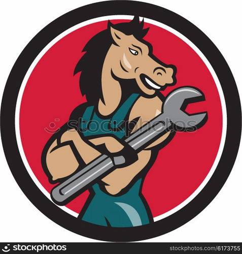 Illustration of a horse mechanic with arms crossed holding spanner looking to the side set inside circle on isolated background done in cartoon style. . Horse Mechanic Spanner Circle Cartoon