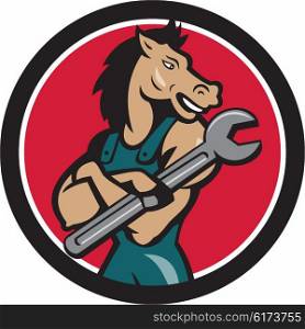 Illustration of a horse mechanic with arms crossed holding spanner looking to the side set inside circle on isolated background done in cartoon style. . Horse Mechanic Spanner Circle Cartoon