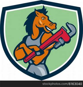 Illustration of a horse plumber arms crossed holding monkey wrench looking to the side set inside shield crest on isolated background done in cartoon style. . Horse Plumber Monkey Wrench Crest Cartoon
