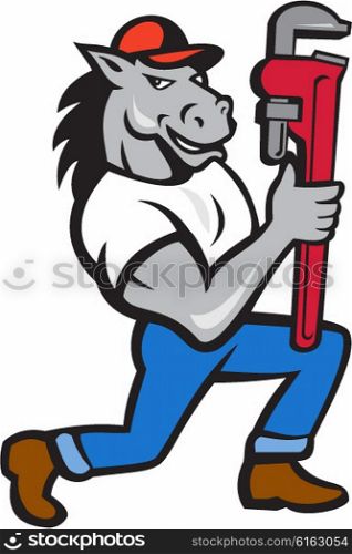 Illustration of a horse plumber kneeling holding monkey wrench set on isolated white background done in cartoon style. . Horse Plumber Kneeling Monkey Wrench Cartoon