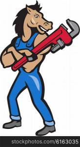 Illustration of a horse plumber standing with arms crossed holding monkey wrench looking to the side set on isolated white background done in cartoon style. . Horse Plumber Monkey Wrench Standing Cartoon