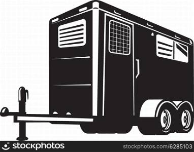 illustration of a horse trailer done in retro style viewed from low angle on isolated white background&#xA;