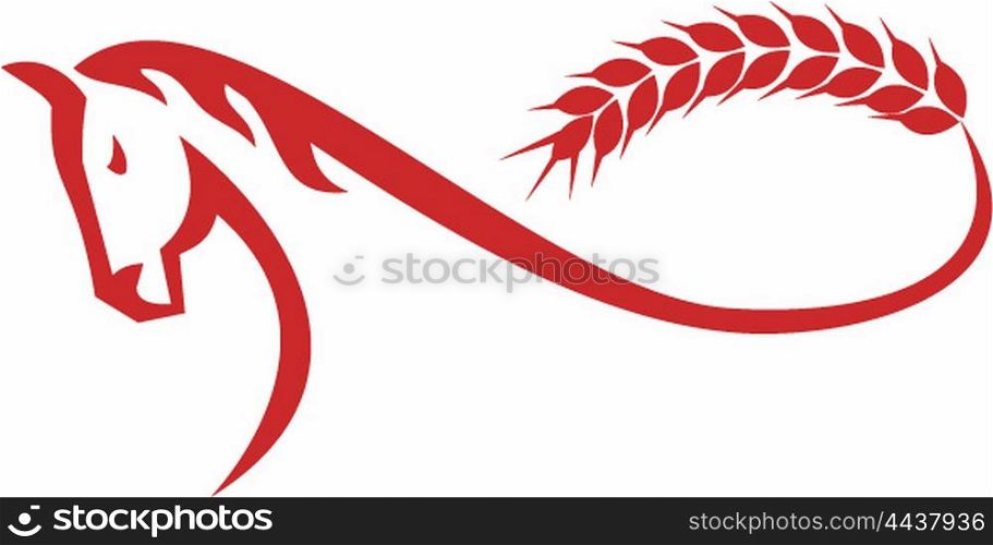 Illustration of a horse with malt wheat tail foring a mobius strip viewed from side on isolated background done in retro style. . Horse Malt Tail Mobius Strip Retro