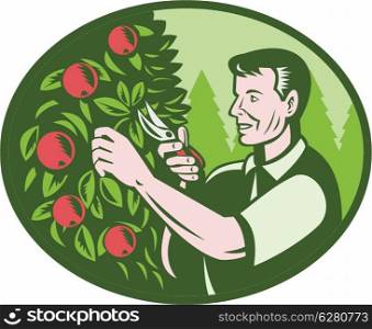 Illustration of a horticulturist farmer fruit picker pruning cutting orchard fruit tree done in retro woodcut style set inside ellipse.