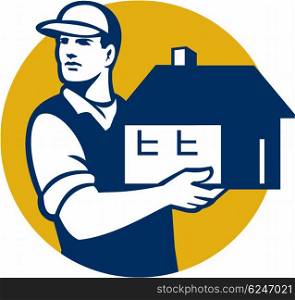 Illustration of a house mover handling holding house looking to the side set inside circle on isolated background done in retro style. . Mover Handling House Circle Retro