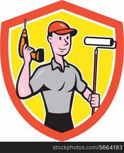 Illustration of a house painter handyman holding paint roller and cordless drill set inside shield crest on isolated background done in cartoon style. . House Painter Paint Roller Handyman Cartoon