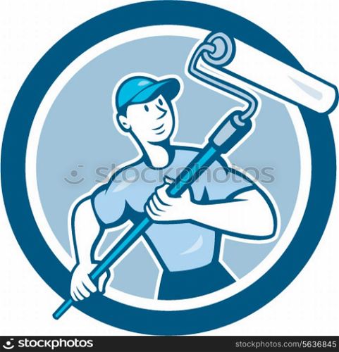 Illustration of a house painter handyman holding paint roller set inside circle on isolated background done in cartoon style.. House Painter Paint Roller Circle Cartoon