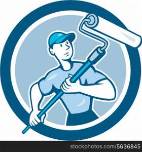 Illustration of a house painter handyman holding paint roller set inside circle on isolated background done in cartoon style.. House Painter Paint Roller Circle Cartoon