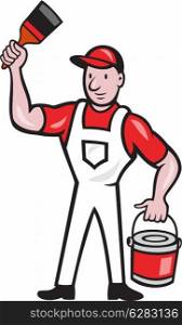 Illustration of a house painter holding paint can and paintbrush on isolated white background done in cartoon style.. House Painter Holding Paint Can Paintbrush Cartoon