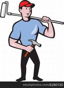 Illustration of a house painter holding paint roller on shoulder holding hammer viewed from front set on isolated white background done in cartoon style.. House Painter Holding Paint Roller Cartoon