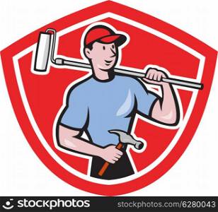 Illustration of a house painter holding paint roller on shoulder viewed from front set inside shield crest shape on isolated white background done in cartoon style.. House Painter Paint Roller Shield Cartoon