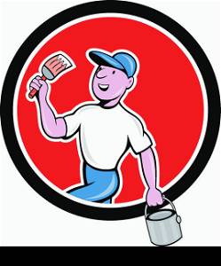 Illustration of a house painter holding paintbrush and bucket set inside circle on isolated background done in cartoon style.. House Painter Holding Paintbrush Bucket Cartoon