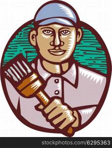 Illustration of a house painter holding paintbrush facing front done in retro woodcut linocut style.. House Painter Paintbrush Woodcut Linocut