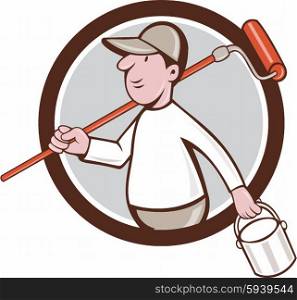 Illustration of a house painter holding paintroller on shoulder and paint can on the other hand viewed from the side set inside circle on isolated background done in cartoon style.. House Painter Paint Roller Can Circle Cartoon