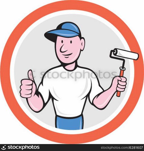 Illustration of a house painter thumbs up and holding paint roller set inside circle on isolated white background done in cartoon style.. House Painter Paint Roller Thumbs Up Cartoon