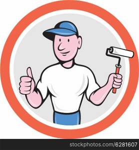 Illustration of a house painter thumbs up and holding paint roller set inside circle on isolated white background done in cartoon style.. House Painter Paint Roller Thumbs Up Cartoon