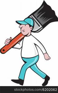 Illustration of a house painter walking carrying giant paintbrush on shoulder viewed from the side set on isolated white background done in cartoon style. . House Painter Paintbrush Walking Cartoon