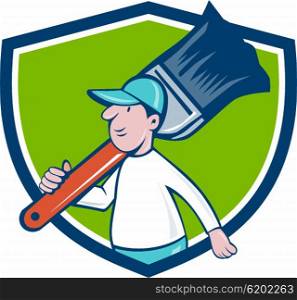 Illustration of a house painter walking carrying giant paintbrush on shoulder viewed from the side set inside shield crest on isolated background done in cartoon style. . House Painter Paintbrush Walking Shield Cartoon