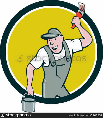 Illustration of a house painter wearing hat holding paintbrush and can bucket of paint looking to the side smiling set inside circle on isolated background done in cartoon style. . House Painter Paintbrush Paint Bucket Circle Cartoon