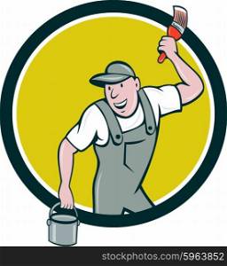 Illustration of a house painter wearing hat holding paintbrush and can bucket of paint looking to the side smiling set inside circle on isolated background done in cartoon style. . House Painter Paintbrush Paint Bucket Circle Cartoon
