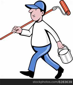 illustration of a House painter with paint roller and holding a paint can isolated on white done in cartoon style. House painter with painting roller paint can