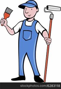 illustration of a House painter with paint roller and holding a paintbrush standing isolated on white done in cartoon style. House painter with paint roller and paintbrush