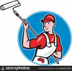 illustration of a house painter with paint roller painting isolated on white done in cartoon style.