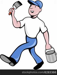 illustration of a House painter with paintbrush and holding a paint can walking isolated on white done in cartoon style. House painter with paintbrush and paint can walking