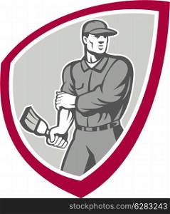 Illustration of a house painter with paintbrush rolling up sleeves facing front set inside shield crest done in retro style on isolated background.. House Painter Holding Paintbrush Shield