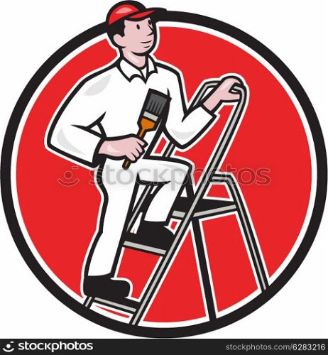 Illustration of a House painter with paintbrush standing on ladder on isolated white background done in cartoon style.. House Painter Paintbrush on Ladder Cartoon