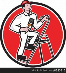 Illustration of a House painter with paintbrush standing on ladder on isolated white background done in cartoon style.. House Painter Paintbrush on Ladder Cartoon