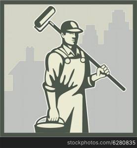 Illustration of a house painter worker tradesman with paint roller and bucket viewed from front with residential house and office building in background set inside square done retro style.