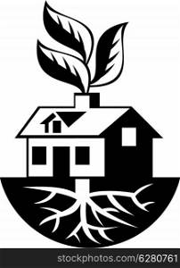 Illustration of a house with roots and leaves sprout from chimney done in black and white.