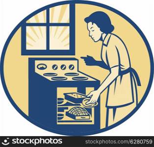 Illustration of a housewife baker baking pastry roasting meat in oven stove done in retro style set inside oval.