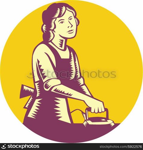 Illustration of a housewife ironing viewed from front set inside circle done in retro woodcut style.. Housewife Ironing Circle Woodcut