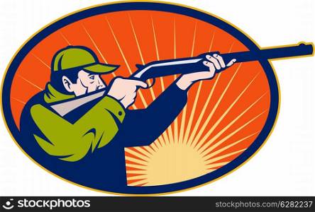illustration of a Hunter aiming rifle shotgun side view set inside an ellipse. Hunter aiming rifle shotgun side view
