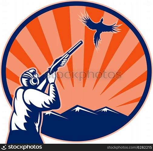 illustration of a Hunter aiming shotgun rifle at bird pheasant with mountains and sunburst in background. Hunter aiming shotgun rifle at bird pheasant