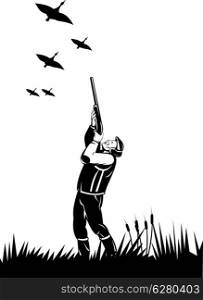 illustration of a hunter aiming shotgun rifle gun at ducks geese done in retro style on isolated background. hunter aiming shotgun rifle at duck