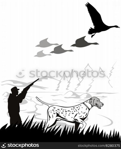 illustration of a hunter aiming shotgun rifle gun at game bird duck geese with pointer dog done in retro style on isolated background. hunter aiming shotgun rifle