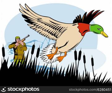 illustration of a hunter aiming shotgun rifle gun at game bird duck geese done in retro style on isolated background. hunter aiming shotgun rifle