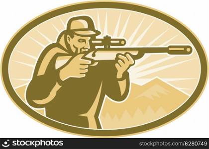 Illustration of a hunter aiming telescopic rifle with sunburst and mountains in background done in retro style.. Hunter Aiming Rifle Oval Retro