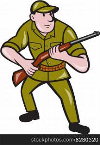 Illustration of a hunter carrying rifle facing front on isolated background done in cartoon style.. Hunter Carrying Rifle Cartoon
