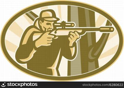 Illustration of a hunter shooter aiming telescope rifle with tree in background set inside elipse done in retro style.. Hunter Shooter Aiming Telescope Rifle Retro