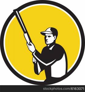 Illustration of a hunter wearing hat holding shotgun rifle looking to the side set inside circle on isolated background done in retro style. . Hunter Holding Shotgun Rifle Circle Retro