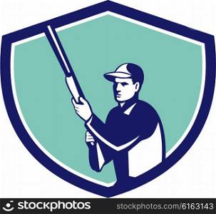 Illustration of a hunter wearing hat holding shotgun rifle looking to the side set inside shield crest on isolated background done in retro style. . Hunter Holding Shotgun Rifle Crest Retro