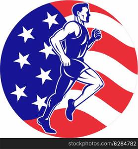 illustration of a illustration of a male Marathon road runner jogger fitness training road running with American flag stars and stripes in background inside circle. American Marathon runner stars stripes flag