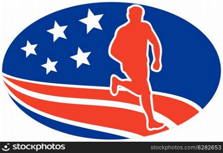 illustration of a illustration of a Marathon road runner jogger fitness training road running with American stars and stripes in background inside oval. American Marathon runner stars stripes